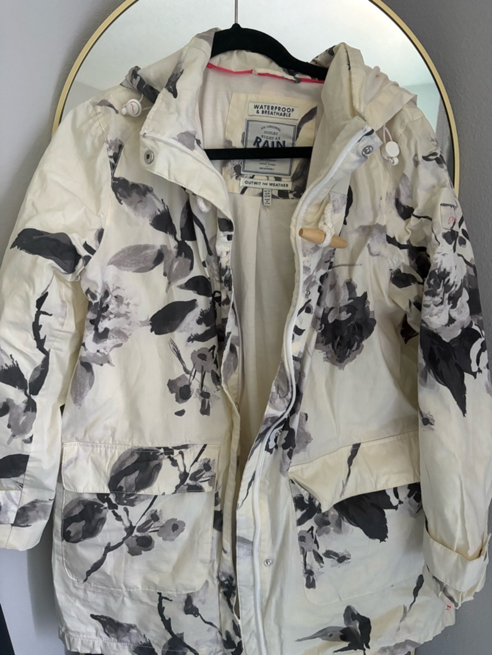 Joules Cream Floral Hooded Trench Coat